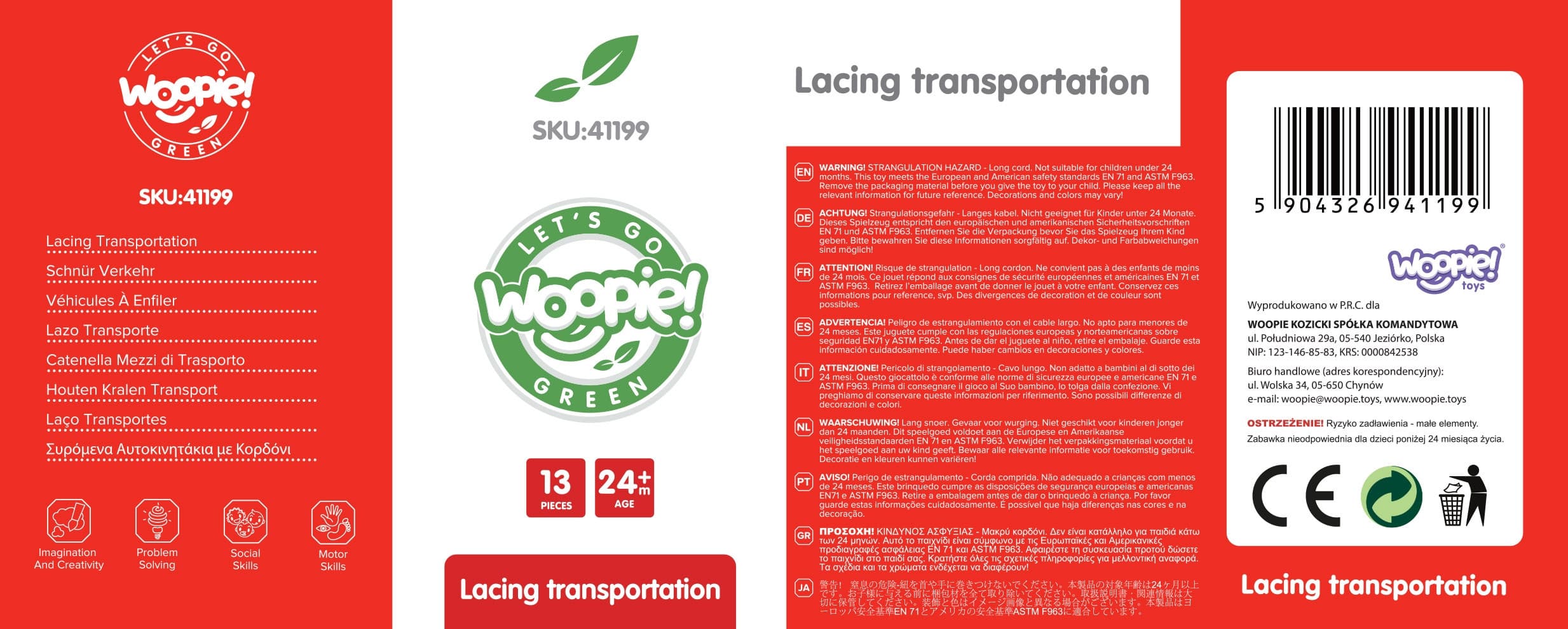 WOOPIE GREEN Drewniane Klocki do Nawlekania Pojazdy Samochody 13 el.