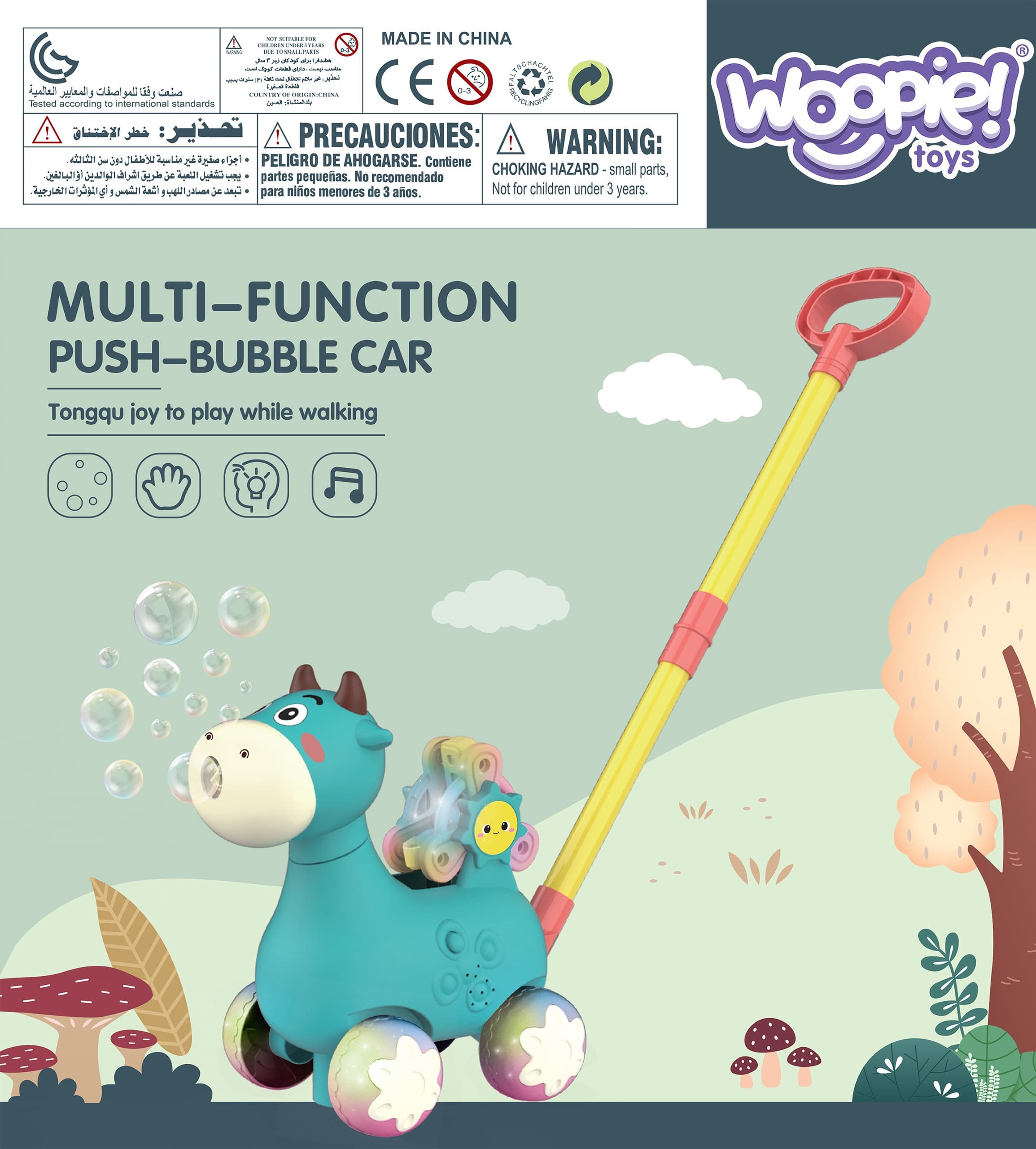 WOOPIE Pchacz Krówka do Pchania z Dźwiękiem i Bańkami Mydlanymi Niebieska