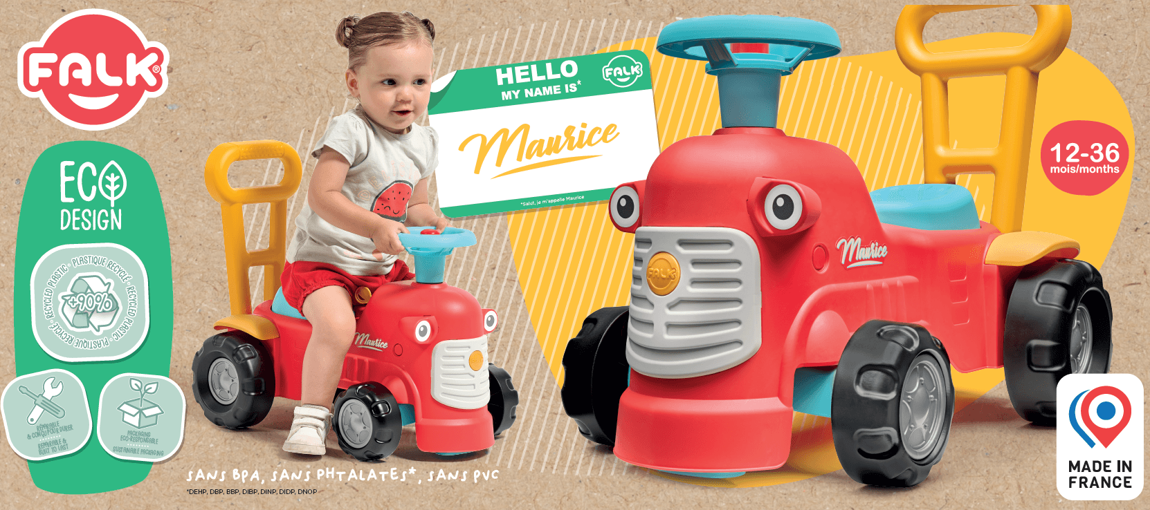 FALK Maurice Traktorek Jeździk Czerwony Pchacz Odpychacz Schowek od 1 roku