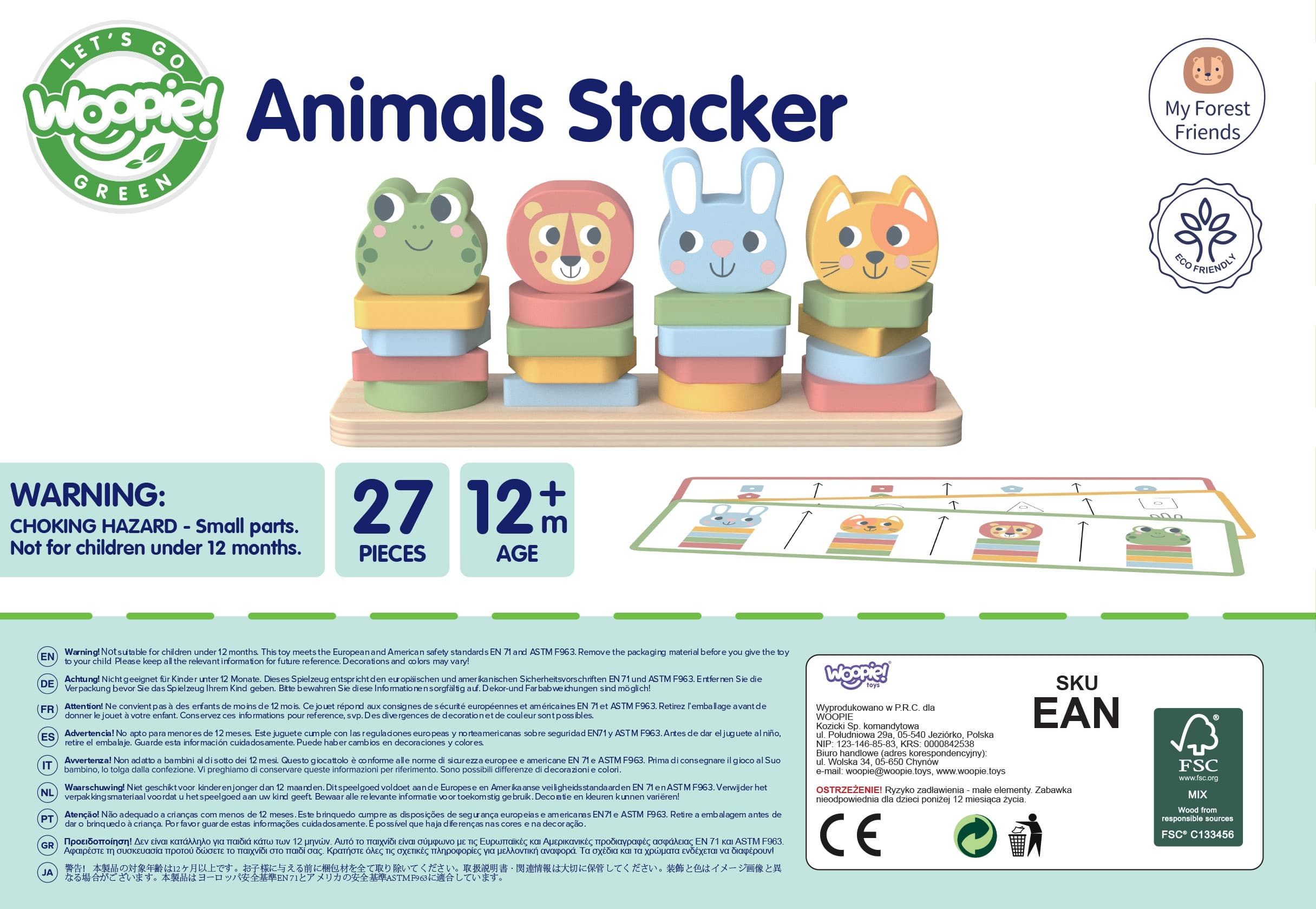 WOOPIE GREEN Układanka Montessori Piramidka Zwierzątka 27 el. FSC