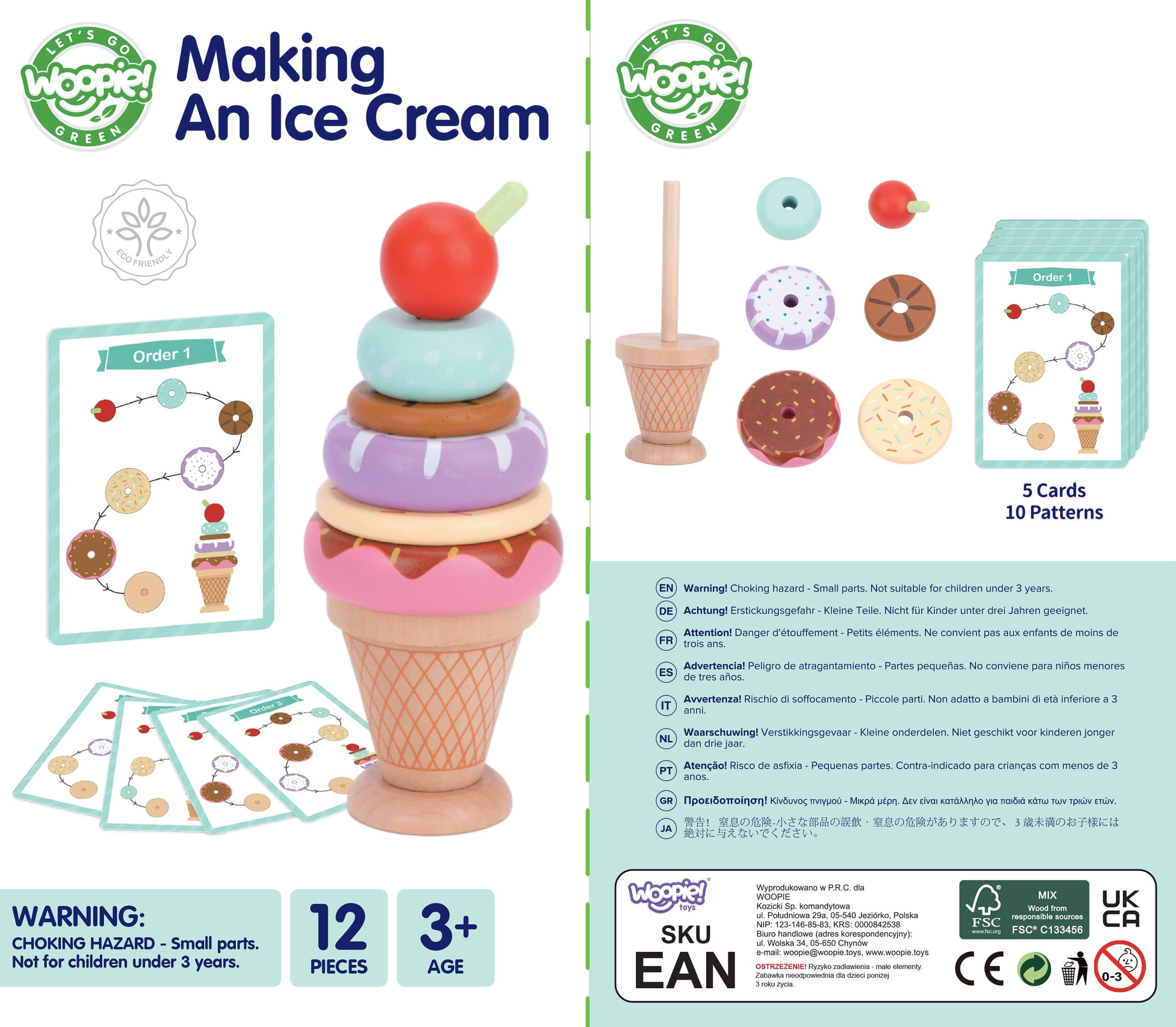 WOOPIE GREEN Drewniane Lody Układanka Montessori Cukiernia 12 el. FSC