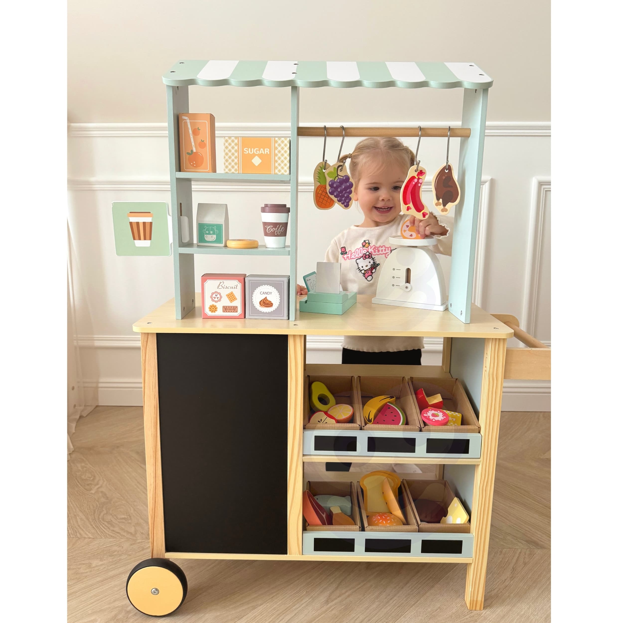 WOOPIE GREEN Duży Wielofunkcyjny Sklepik 5w1 Stragan Supermarket Restauracja Kawiarnia Kuchnia 73 el