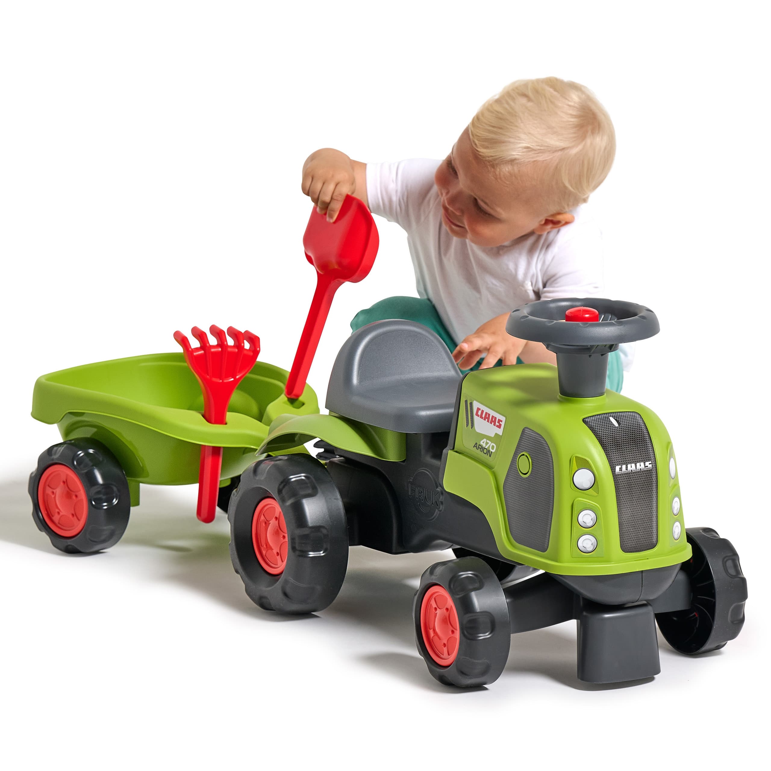 FALK Jeździk Claas 470 Arion Zielony z Przyczepką  + Zestaw do piasku