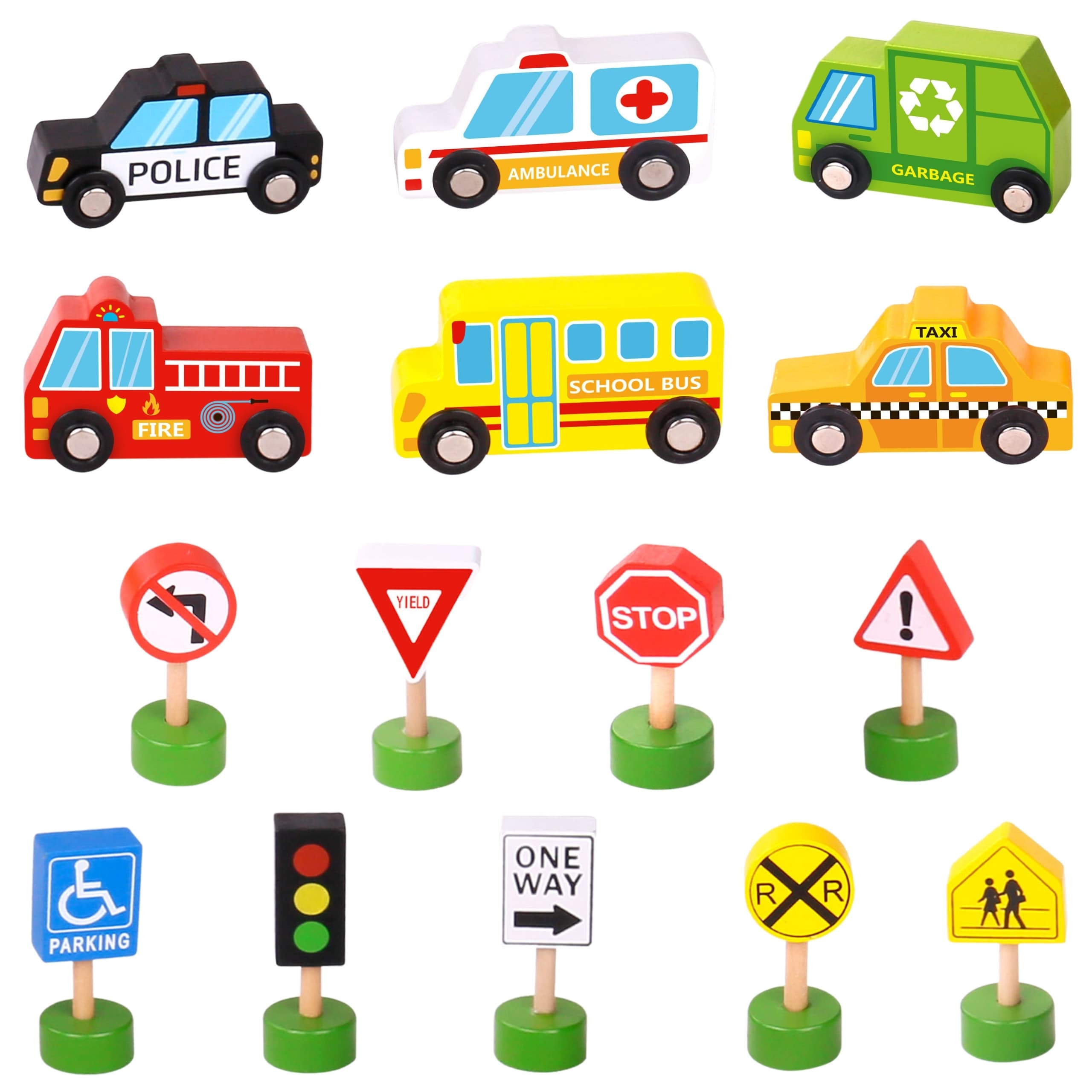 WOOPIE GREEN Zestaw Drewnianych Pojazdów i Znaków Drogowych 15 el.