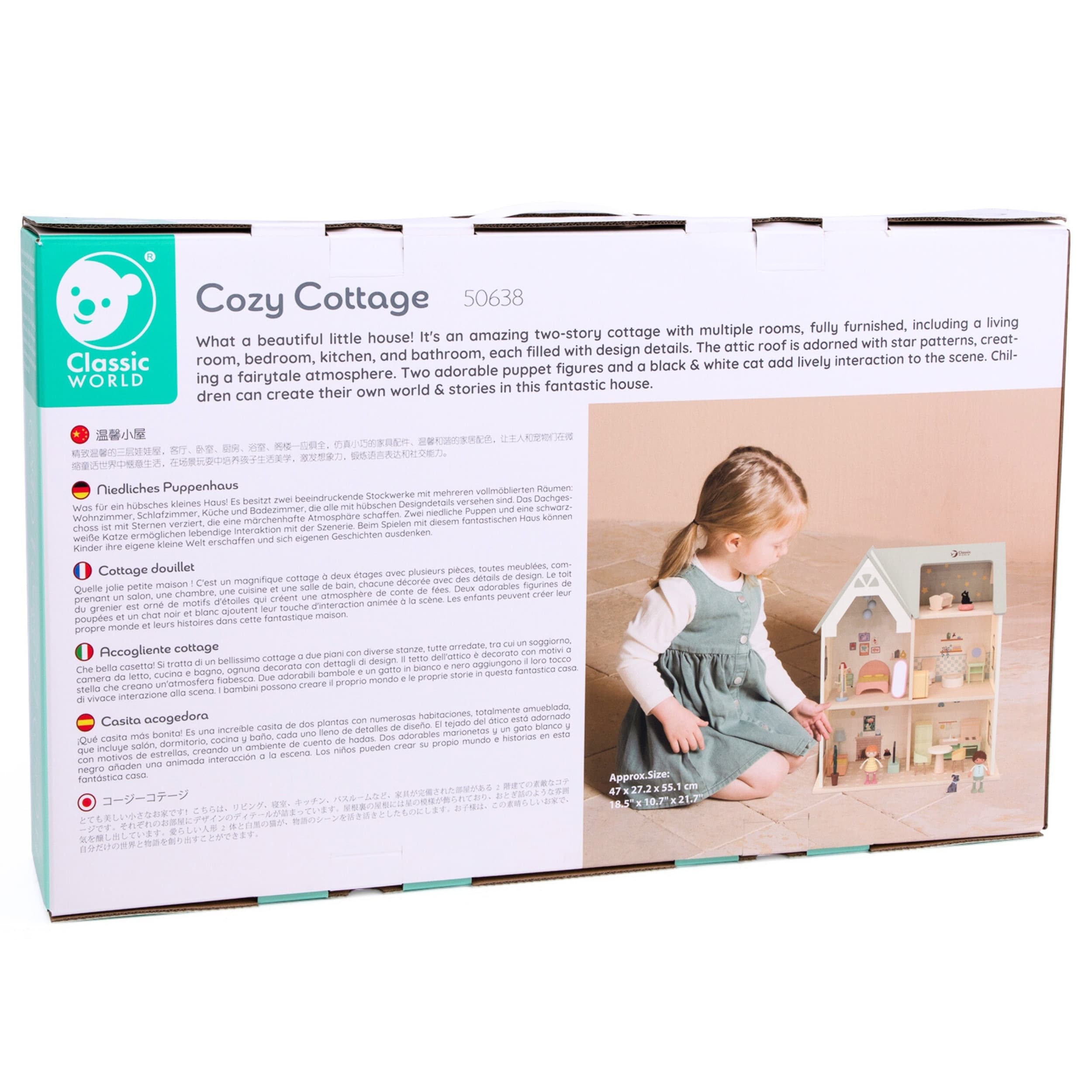 CLASSIC WORLD Wielki Drewniany Domek Przytulny Zakątek dla Lalek z Mebelkami 31el.