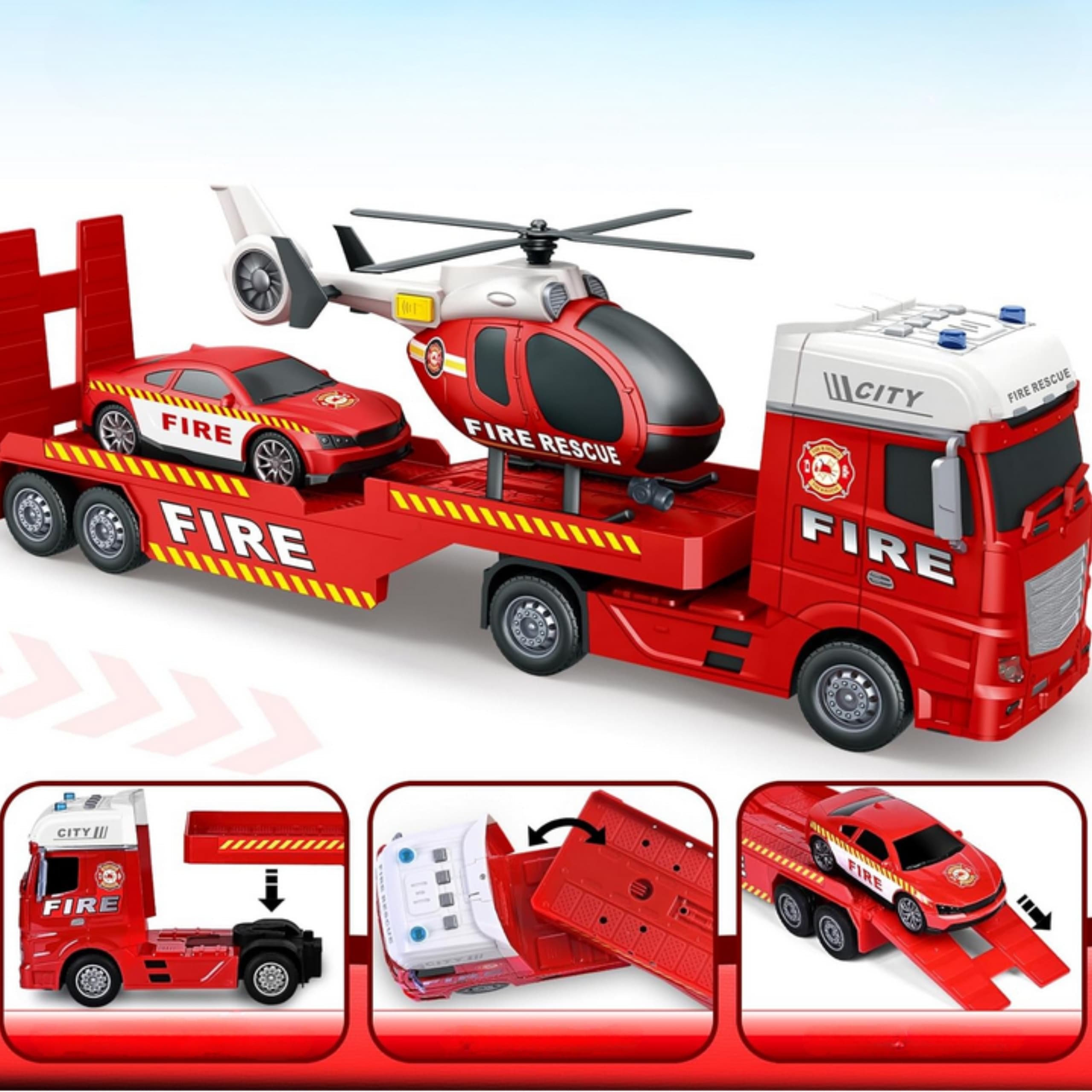WOOPIE Zestaw Pojazdów Laweta Strażacka Helikopter Samochód Dźwięk Światła