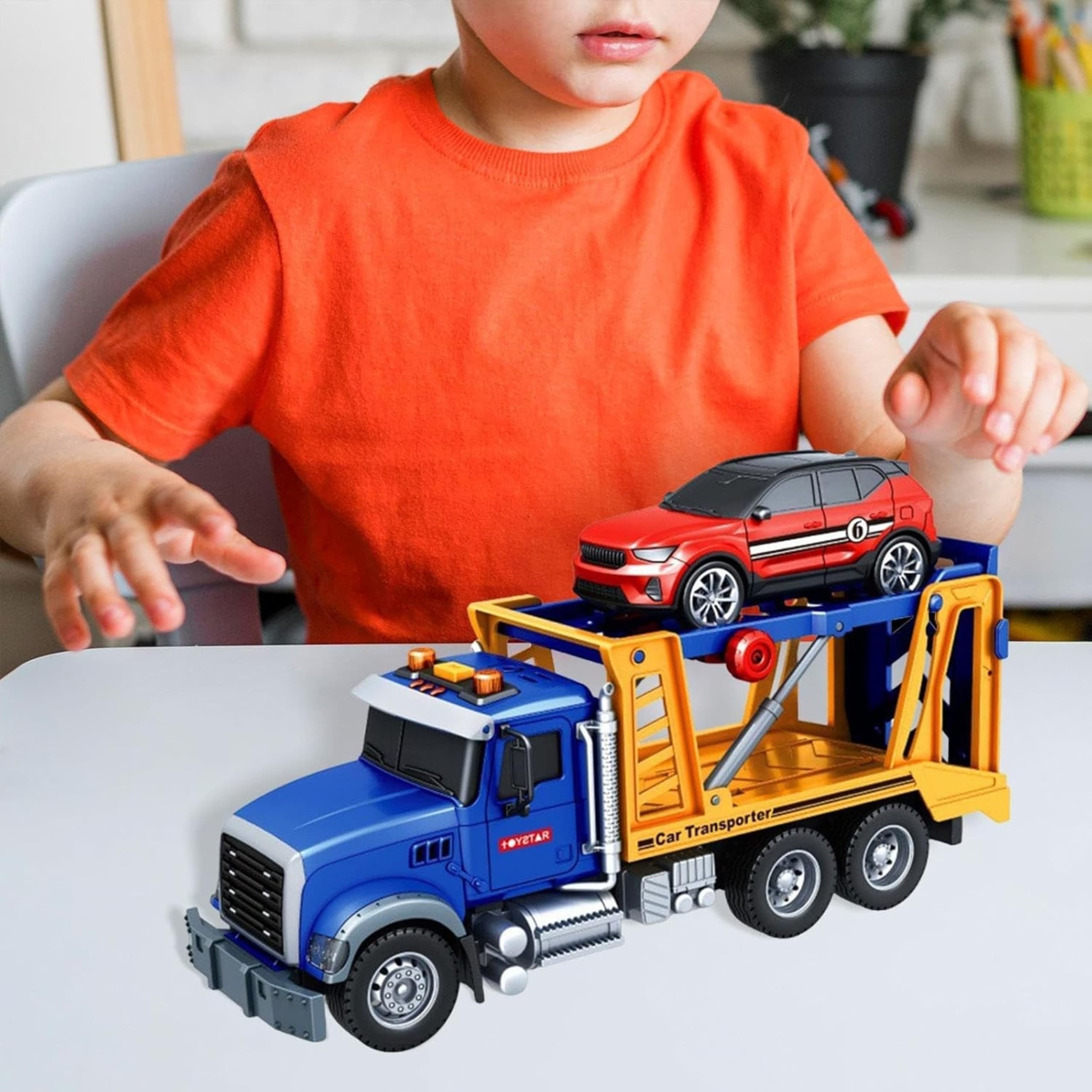 WOOPIE Laweta Ciężarówka Transporter Z Autkiem Światło Dźwięk Skala 1:14