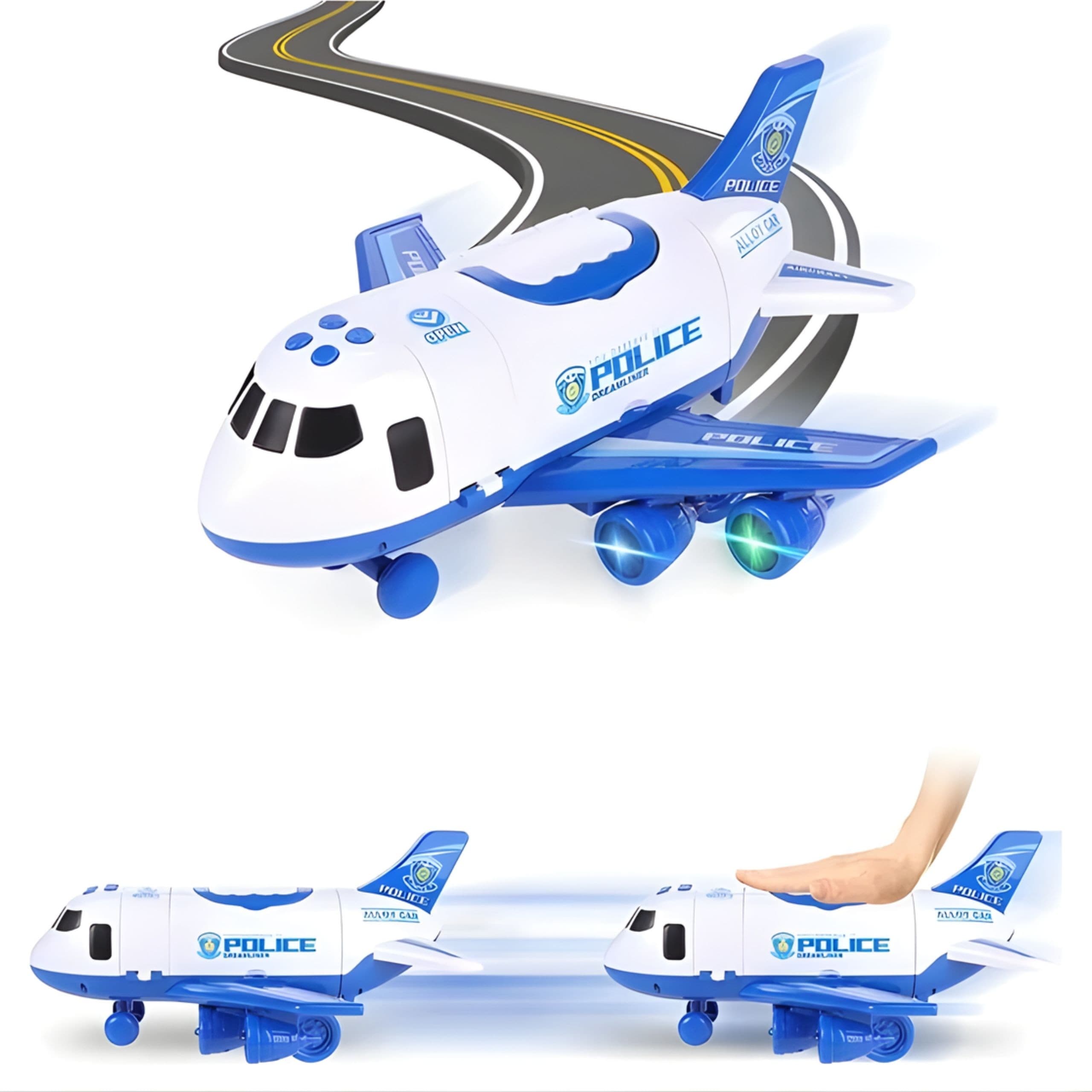WOOPIE Samolot Rozkładany Transporter Policja z 3 Autami Policyjnymi Zestaw XL Znaki Drogowe
