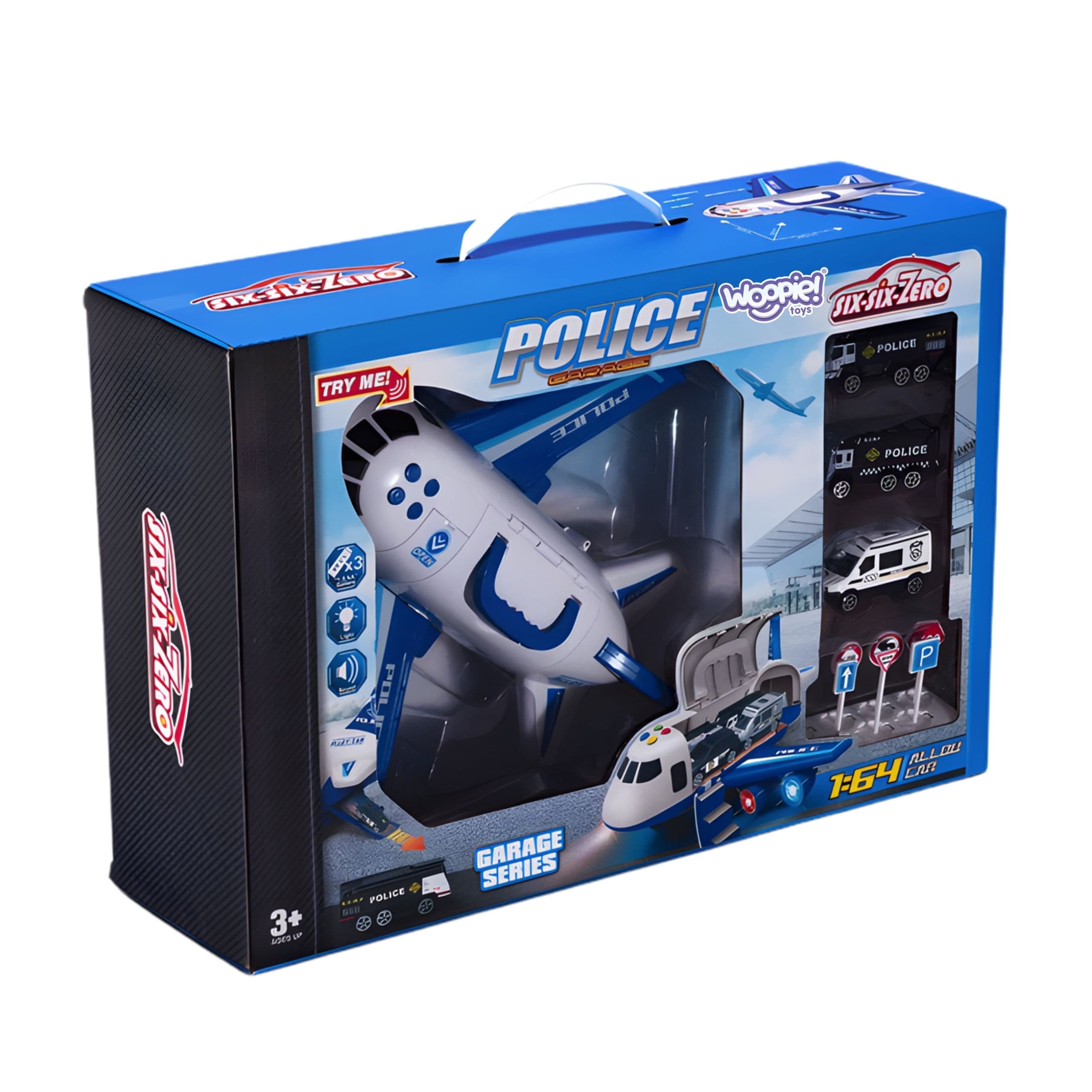 WOOPIE Samolot Rozkładany Transporter Policja z 3 Autami Policyjnymi Zestaw XL Znaki Drogowe