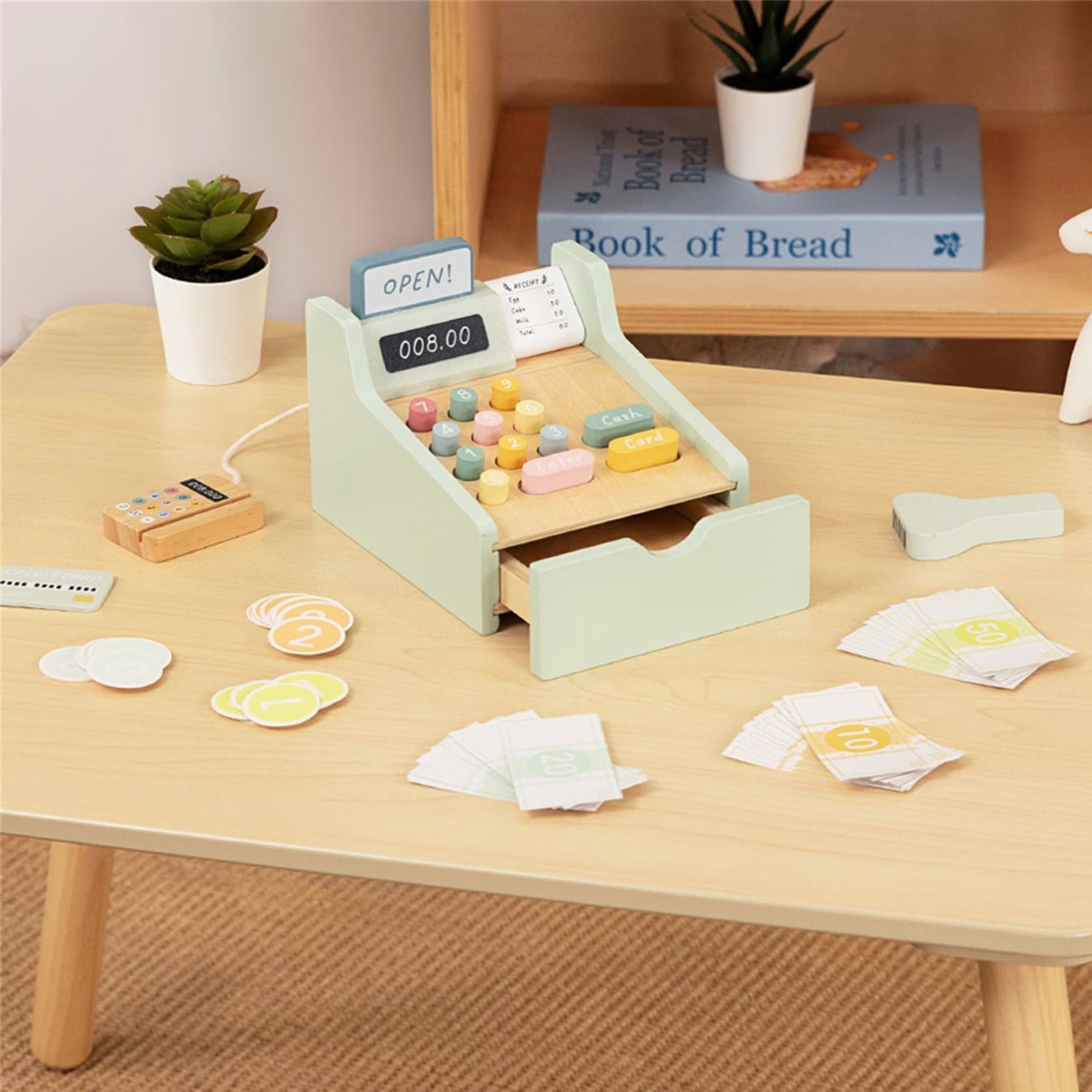 WOOPIE GREEN Drewniana Kasa Sklepowa Edukacyjna z Akcesoriami 23 el. FSC