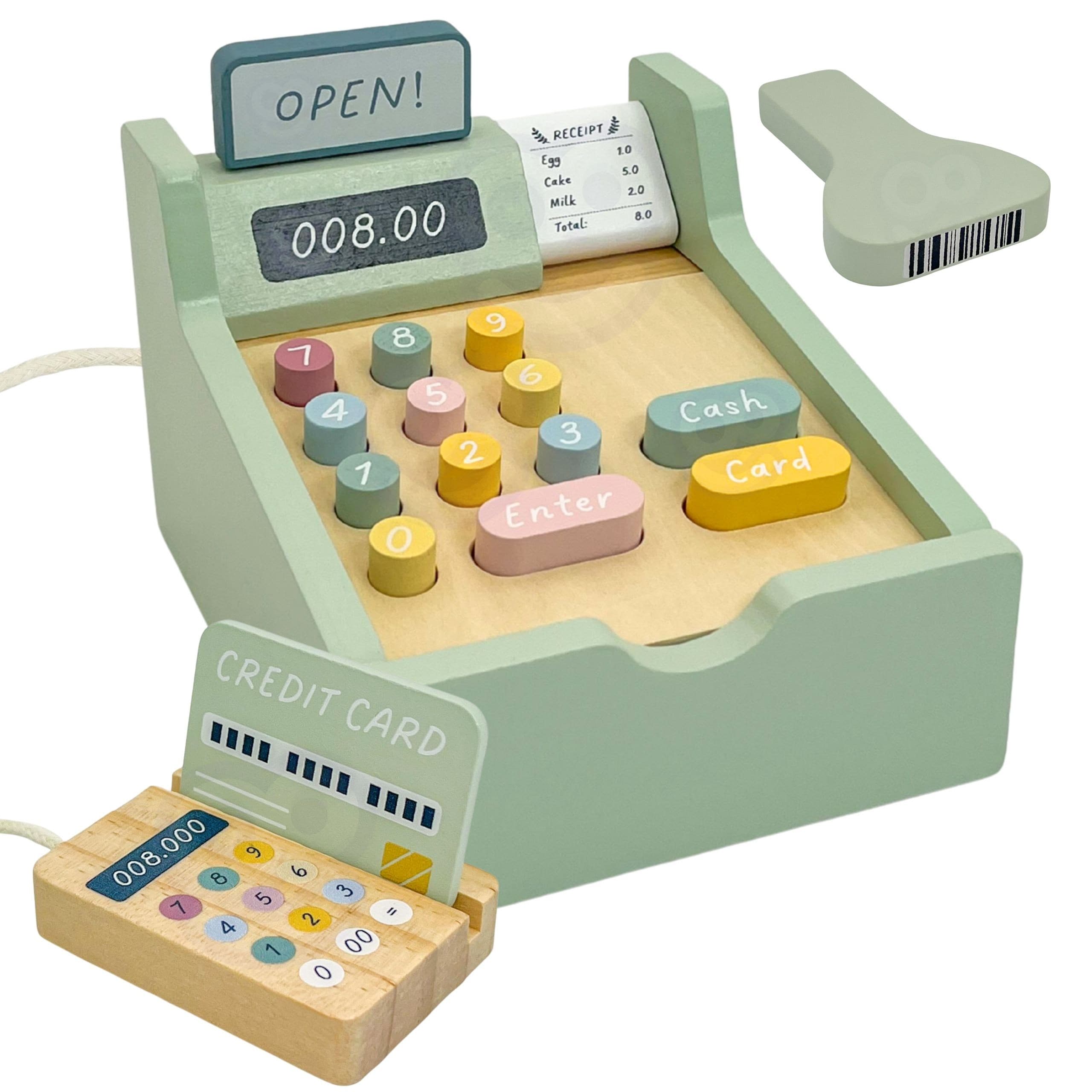 WOOPIE GREEN Drewniana Kasa Sklepowa Edukacyjna z Akcesoriami 23 el. FSC