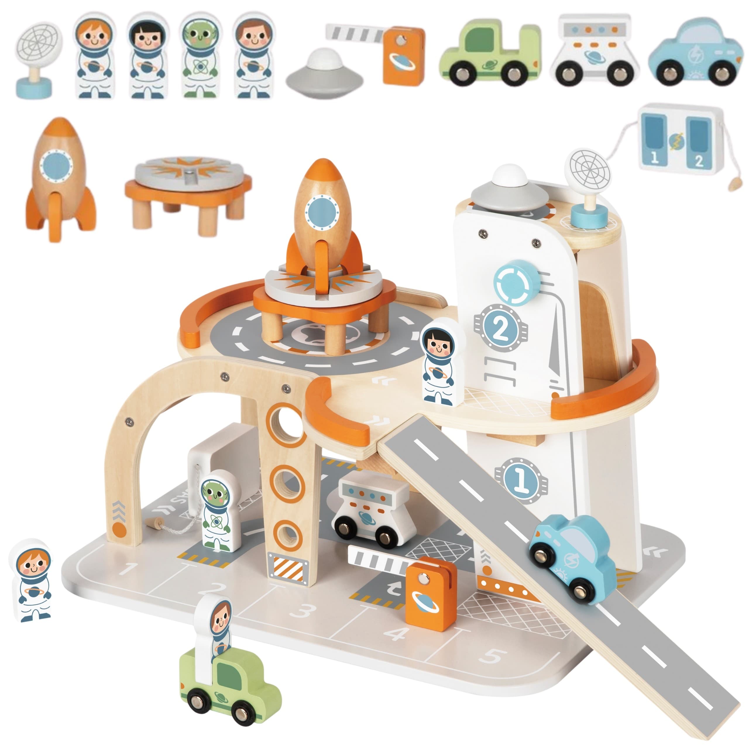 TOOKY TOY Drewniany Kosmiczny Parking  Stacja Kosmiczna