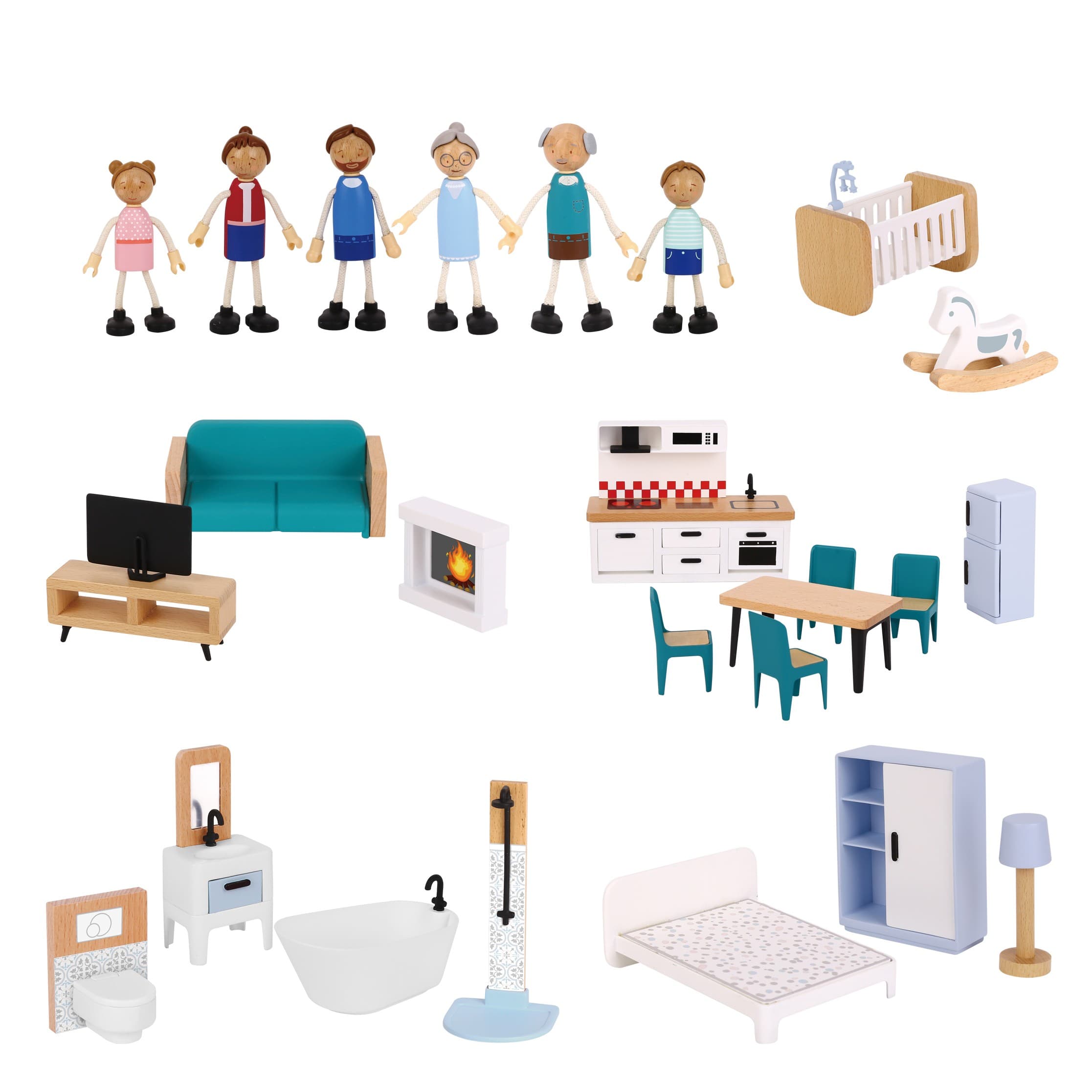 TOOKY TOY Duży Drewniany Domek dla Lalek + Figurki FSC