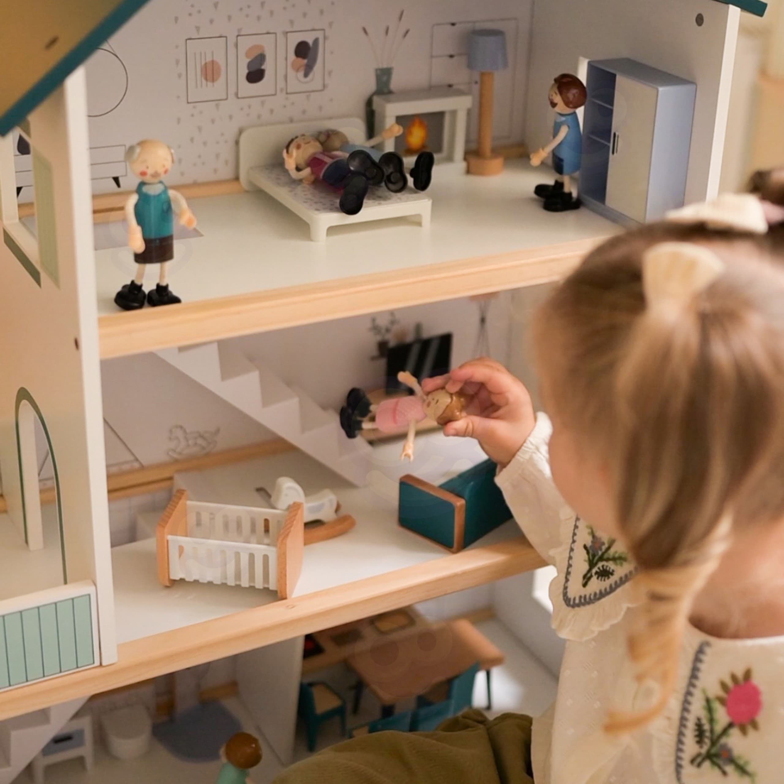 TOOKY TOY Duży Drewniany Domek dla Lalek + Figurki FSC