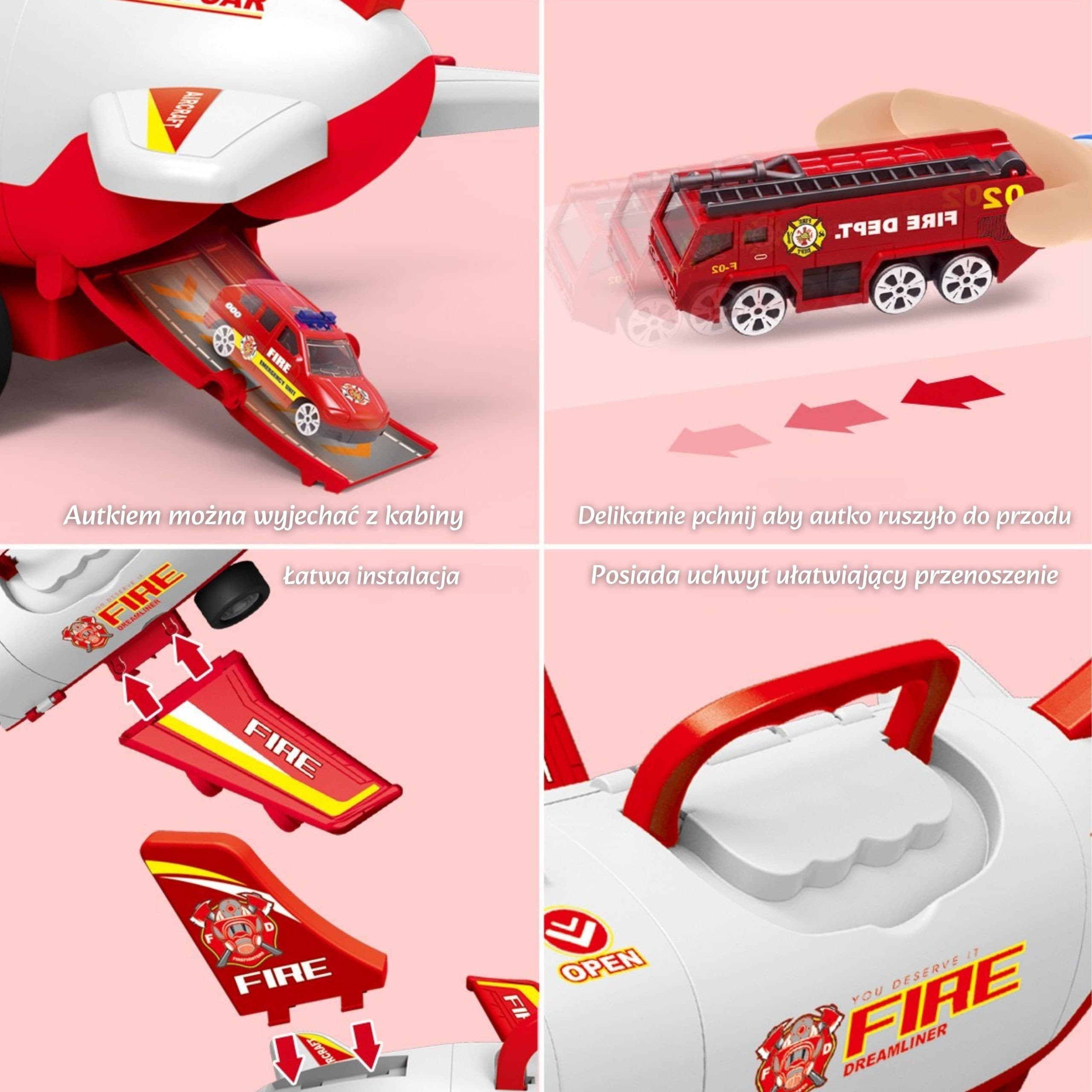 WOOPIE Samolot Rozkładany Transporter Straż Pożarna z 3 Autami Strażackimi Zestaw XL Znaki Drogowe