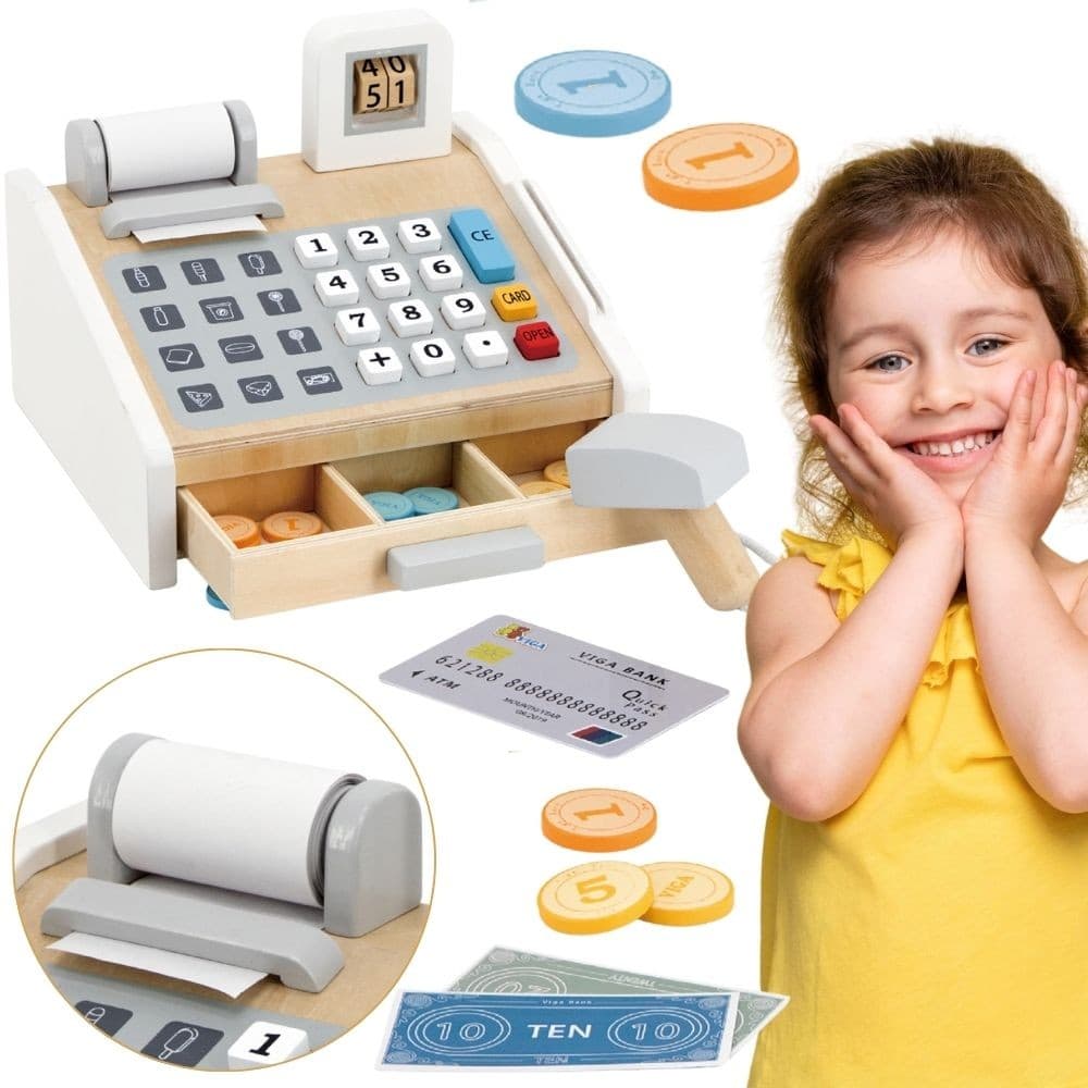 VIGA Drewniana Kasa sklepowa szaro biała