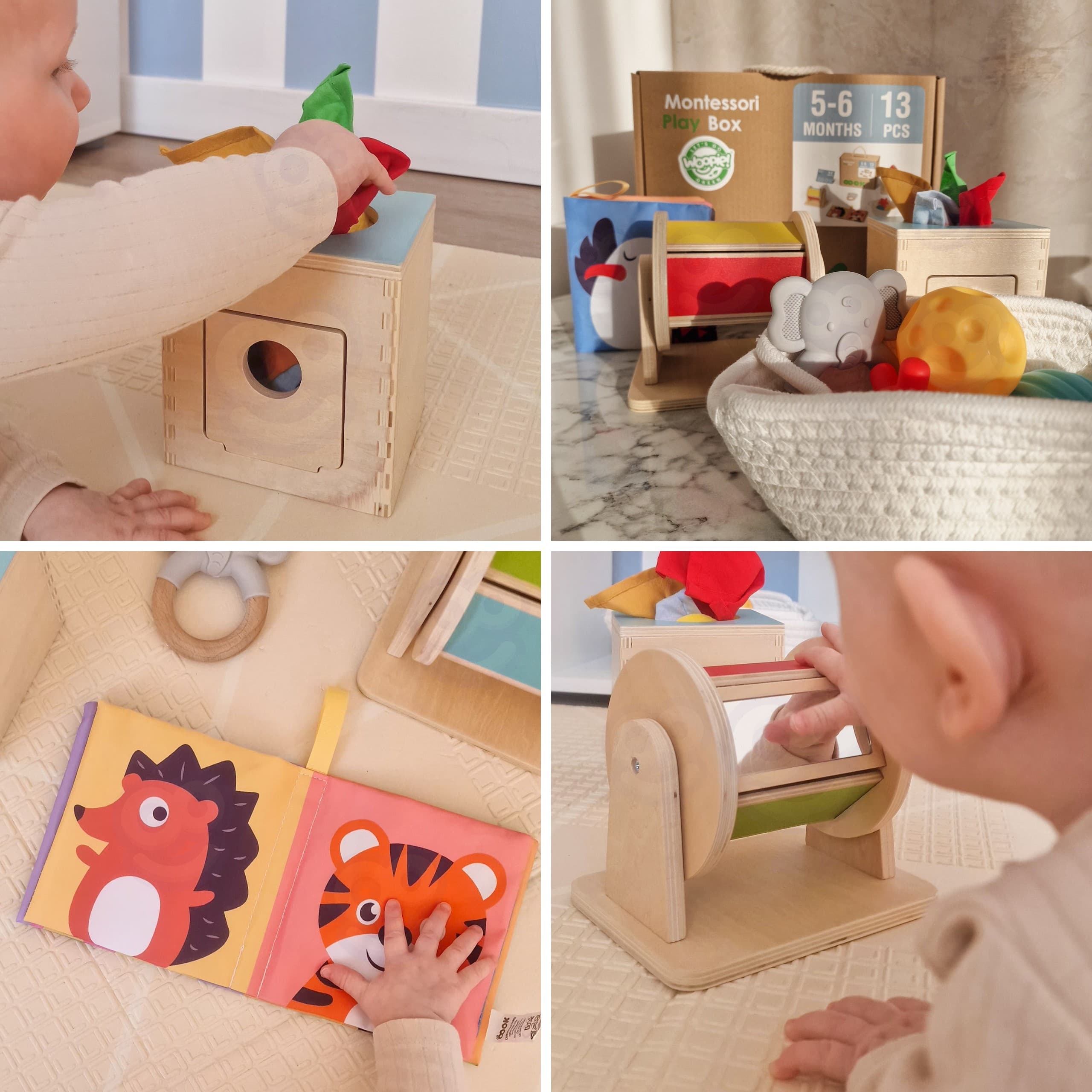 WOOPIE GREEN Box Pudełko XXL Montessori Edukacyjne 6w1 Sensoryczne 5-6 Miesięcy 13el. FSC